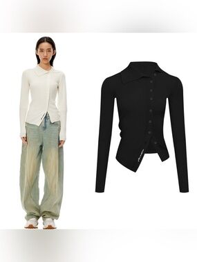 New Ann Andelman Asymmetric Knit Long Sleeve Top Button Front Sz S